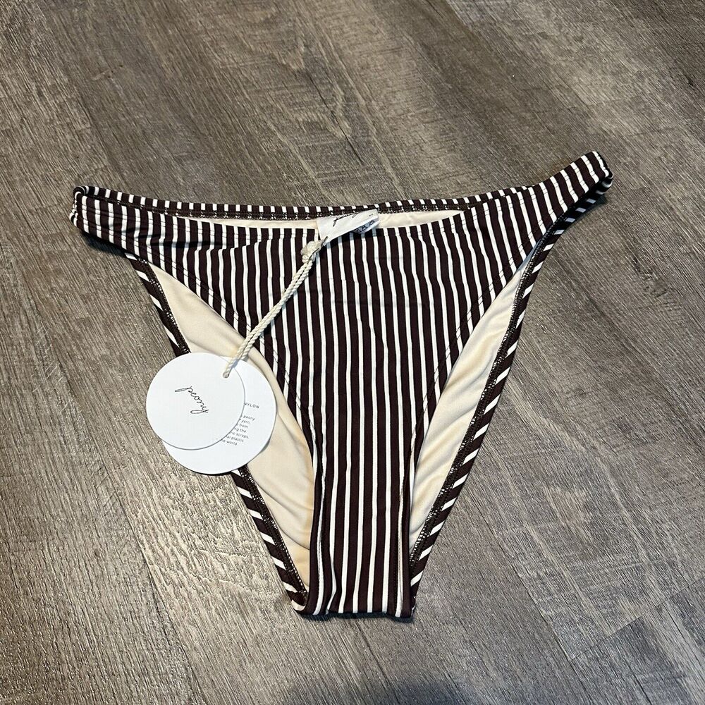 Peony‎ Praline Fine Brown White Striped High Like Bikini Bottom M Medium